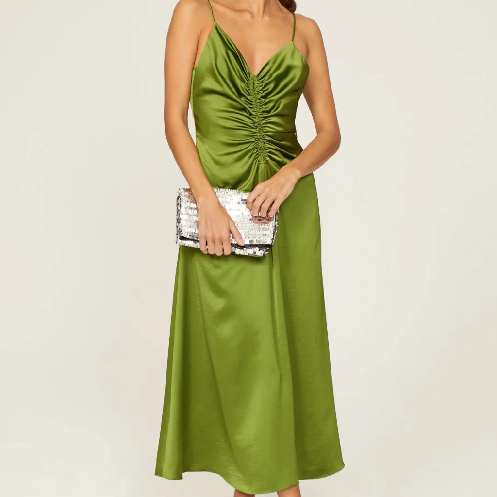 Sandro Olive Green Satin Ruched Slip Dress